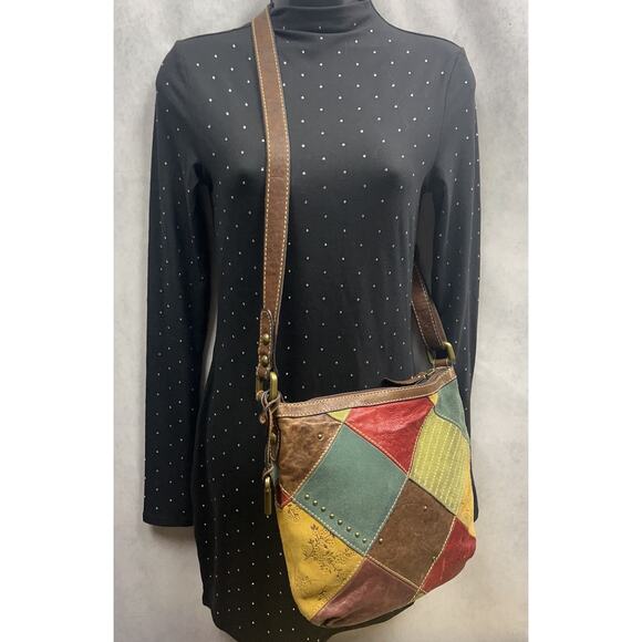 Fossil Multicolor Patches Suede w/ Tooled Floral Crossbody Bag Slingback - Picture 8 of 13